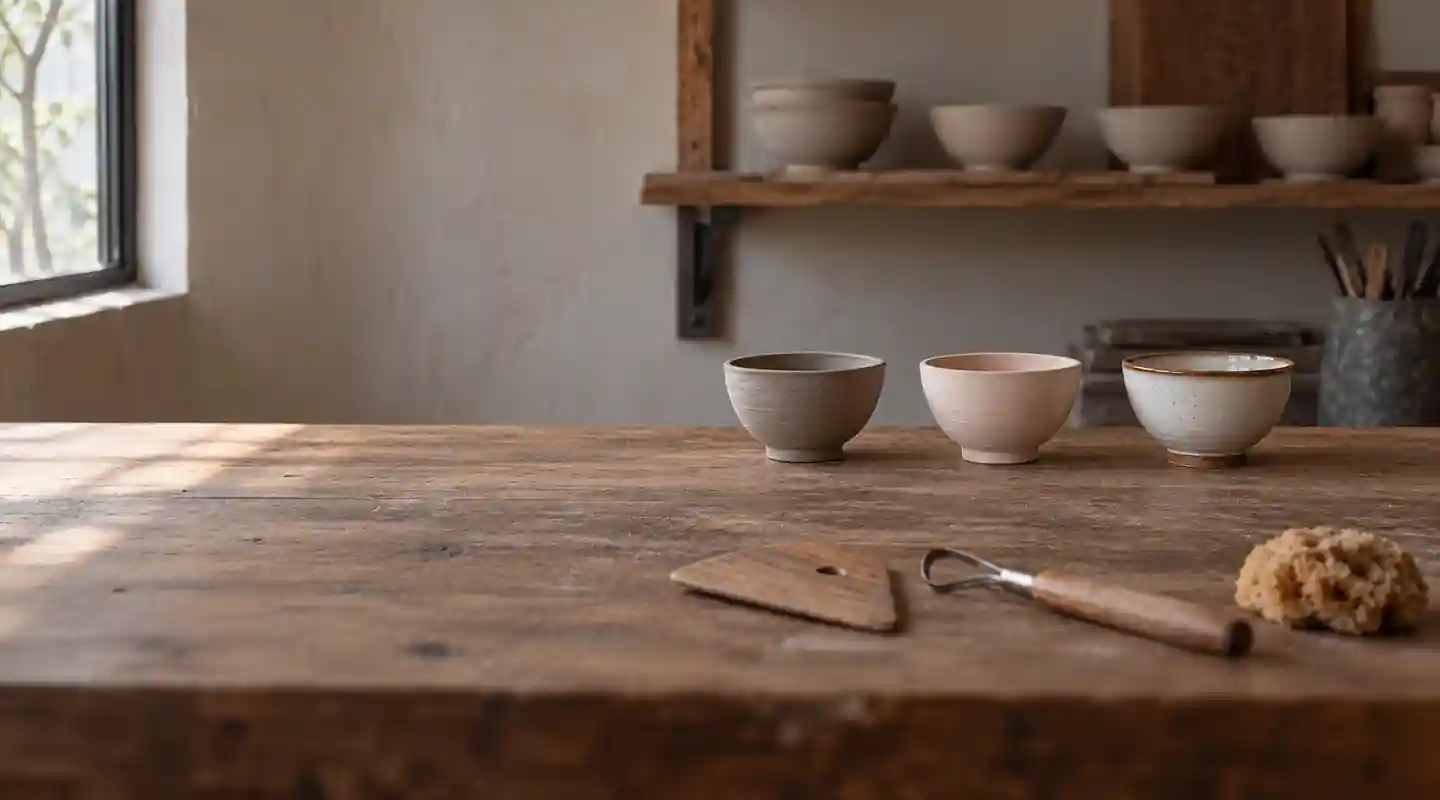 鶯歌工作室的工作桌上，排成一列的三只飯碗